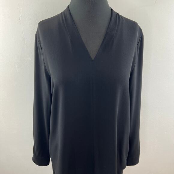 Eileen Fisher Black Top Georgette Crepe V-Neck Shirttail Hem Button Cuff S Small - Picture 3 of 10
